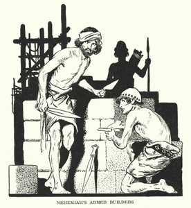 De gewapende bouwers van Nehemia (litho)