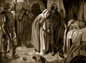 Koningin Ethelburga die Ine van Wessex overhaalt de kroon neer te leggen, 728, illustratie uit 