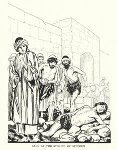 Saul bij de steniging van Stefanus (litho) door Thomas Heath Robinson