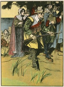 De Pelgrimvaders gaan de Nieuwe Wereld binnen (kleurenlitho) door Thomas Heath Robinson