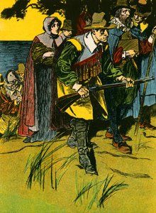 De Pelgrimvaders gaan de Nieuwe Wereld binnen (kleurenlitho) door Thomas Heath Robinson
