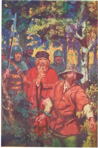 De sheriff met zijn gezelschap zat Robin op de hielen (kleurenlitho) door Thomas Heath Robinson