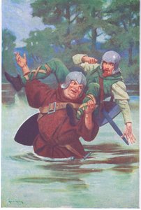 Met een ruk van zijn grote handen stuurde hij de vogelvrijverklaarde de beek in (kleurenlitho) door Thomas Heath Robinson