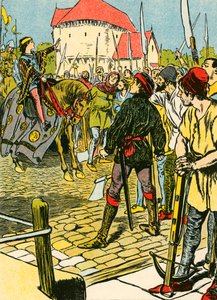 De jonge koning Richard neerslaat de opstand (kleurenlitho) door Thomas Heath Robinson