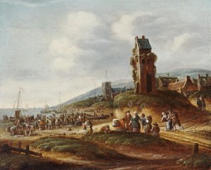 Vissers lossen hun vangst op het strand bij Egmond door Thomas Heeremans