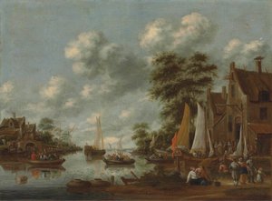 Rivierlandschap met veerboten en andere vaartuigen, figuren die van boord gaan bij een herberg door Thomas Heeremans
