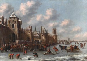 Winterlandschap met figuren die schaatsen en sleeën op een bevroren gracht bij een versterkte stad door Thomas Heeremans