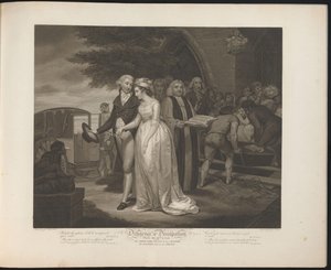 Pasgetrouwde bescheiden dienstmeid loopt naar een koets terwijl de losbandige dienstmeid begraven wordt door Thomas Hellyer
