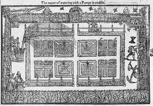 De manier van water geven met een pomp in een ton, uit The Gardeners Labyrinth, 1577 door Thomas Hill