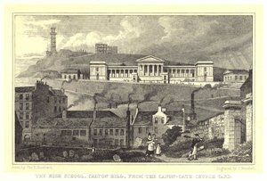 De High School, Calton Hill, vanaf de Canon-Gate Church Yard door Thomas Hosmer (after) Shepherd