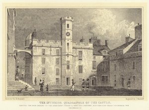 Het binnenste vierkant van het kasteel, met de deur naar het appartement waar koningin Mary werd vastgehouden, ook de kamer waar de regalia werd ontdekt enz. door Thomas Hosmer (after) Shepherd