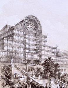 Crystal Palace in Sydenham, de voorkant van het Grote Transept, ca 1854 door Thomas Hosmer Shepherd