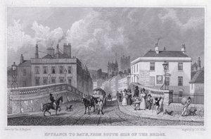 Ingang naar Bath, vanaf de zuidkant van de brug (gravure)