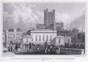 Literair instituut en kathedraal, vanaf North Parade, Bath door Thomas Hosmer Shepherd