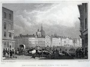 Smithfield Market vanaf de Barrs, gegraveerd door Thomas Barber, c.1830 door Thomas Hosmer Shepherd