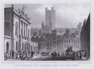 Het Guildhall en de Kathedraal, vanaf de High Street, Bath
