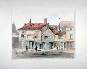 The Hare and Hounds Inn en winkelpuien op Upper Street, Islington, Londen, ca. 1835