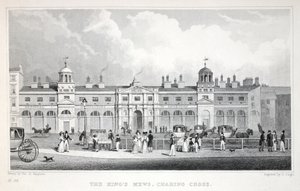 De Koningsstallen, Charing Cross, uit Londen en zijn Omgeving in de Negentiende Eeuw, gepubliceerd door Jones und Co., 1827-1829