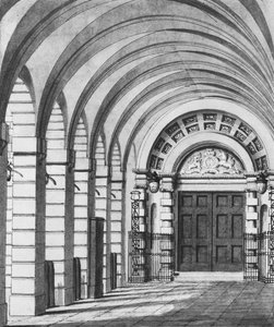De Piazza-ingang van het Covent Garden Theater in het jaar 1808 (tekening)