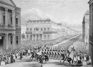 Begrafenisstoet van Wellington die langs de Senior United Service Club trekt, Pall Mall, Londen, 1852 door Thomas Hosmer Shepherd