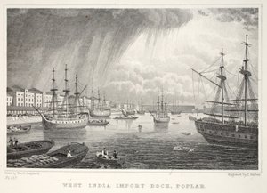 West India Docks, Isle of Dogs, uit Londen en zijn omgeving in de negentiende eeuw, uitgegeven door Jones en Co., 1827-1829 door Thomas Hosmer Shepherd