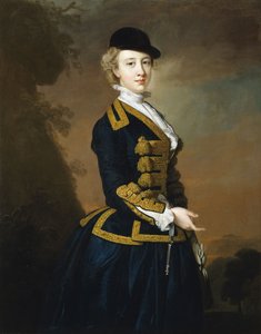 Portret van Nancy Fortescue, Gekleed in een Donkerblauw Rijkostuum met Gouden Versiering en Hoed