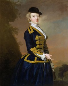 Portret van Nancy Fortesque in een donkerblauw rijgewaad