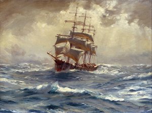 Een schip met 4 masten voor de storm, dit type boot werd gebruikt om graan en nitraat uit Zuid-Amerika te verhandelen, rond Kaap Hoorn (Chili)