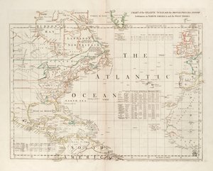 Kaart van de Atlantische Oceaan, met de Britse, Franse en Spaanse nederzettingen in Noord-Amerika en de West-Indië door Thomas Jefferys