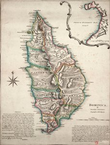 Kleurkaart van Dominica met gedetailleerde geografische observaties, ca. 1760 (handgekleurde gravure) door Thomas Jefferys