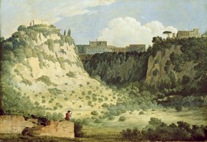 Uitzicht op de Tempel van Diana, Nemi, met een herder op de voorgrond, 1785 door Thomas Jones
