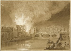 Brand in het Old Sugar House, Tucker Street door Thomas Leeson the Elder Rowbotham