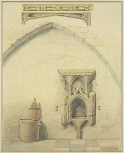 Piscina, fries en spandrils in de binnenplaats van Temple Street 131 door Thomas Leeson the Elder Rowbotham