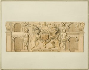 Wapenschild van Koningin Elizabeth in eikenhout, voorheen in een huis aan het zuidwestelijke einde van Clare Street