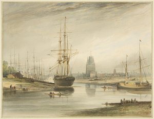 Uitzicht stroomopwaarts, genomen vanaf beneden de Touwslagerij en Wapping, ca. 1804 door Thomas Leeson the Elder Rowbotham