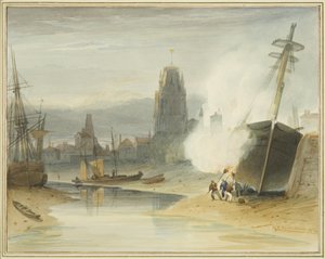 Uitzicht op St Mary Redcliffe vanaf de Gibb slip voor de vorming van de drijvende haven, ook de breaming van de bodem van een schip