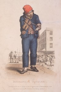 Violist met een prothese arm, met een markt op de achtergrond