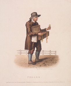 Marskramer met zijn doos vol waren om zijn nek gehangen, 1820