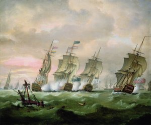 Admiraal Sir Edward Hawke verslaat admiraal M. de Conflans in de Baai van Biscaye