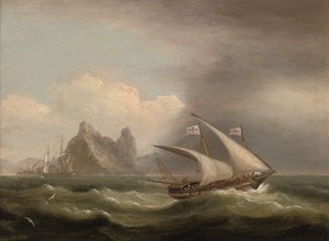 Een gewapende Xebec in de Middellandse Zee, een Britse fregat achter haar en langs een rotsachtige kust, 1822