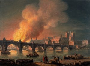 Westminster Bridge en de brand van de Houses of Parliament vanuit Lambeth, 1835 door Thomas Luny