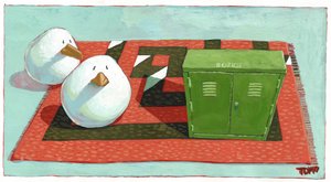 Twee vogels en telefooncentrale doos B07103 op warren fletcher doolhof tapijt door Thomas MacGregor