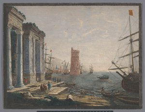 Gezicht op een haven met schepen en boten op het water door Thomas Major