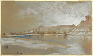 Tekening, Green River vanaf de veerboot, Wyoming Territory, 11 september 1889 door Thomas Moran