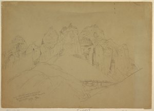 Tekening, Rio Virgin rivier met grote rotsformaties, 1873 door Thomas Moran