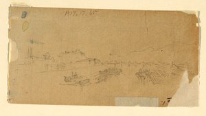 Tekening, De Tetons, gezien vanaf de vlakte, 28 augustus 1879 door Thomas Moran