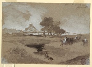 Tekening, Waterpoel in de woestijn, Utah, 1873 door Thomas Moran