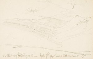 Schemering op weg van Tongue River (hoofd van Little Big Horn) door Thomas Moran
