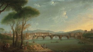 Een uitzicht op de Arno, Florence, vanaf de Cascine-tuinen, met figuren die vissen en rusten op de rotsen op de voorgrond, de Ponte alla Carità en de Ponte Vecchio daarachter door Thomas Patch