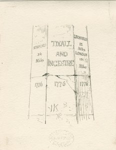 Tixall - Stenen pilaar met afstandsaanduidingen: pen en inkt tekening, nd [midden 19e eeuw] door Thomas Peploe Wood